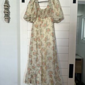 Cream Floral Maxi Dress with Peach Bouquet Print